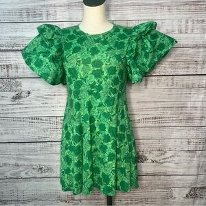 ZARA‎ Small Double Ruffle Sleeve Floral Summer Greens Dress